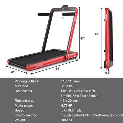 4.75HP 2 In 1 Folding Treadmill with Remote APP Control, Red Treadmills at Gallery Canada