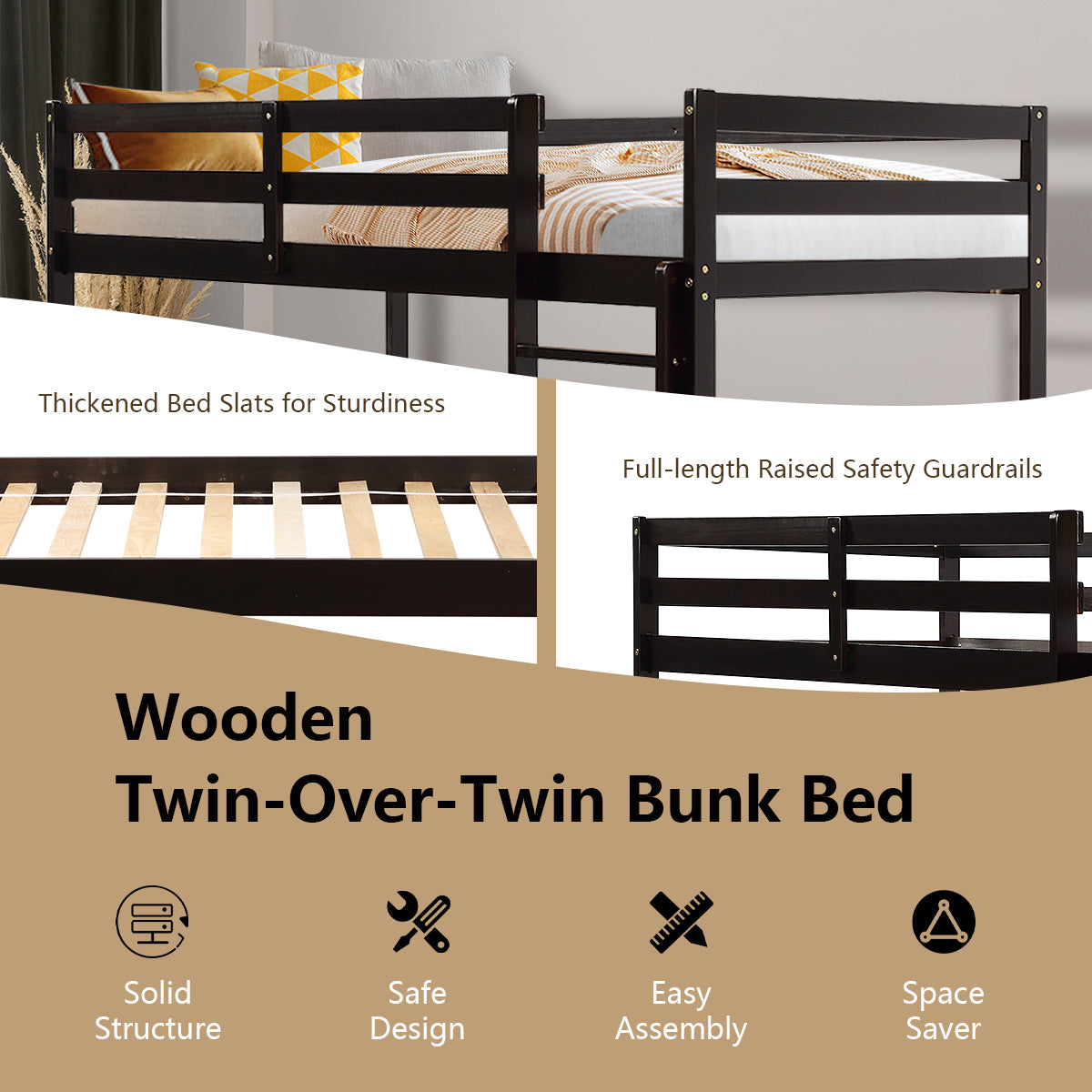 Twin Bunk Bed Children Wooden Bunk Beds Solid Hardwood, Brown Bunk Bed Frame at Gallery Canada