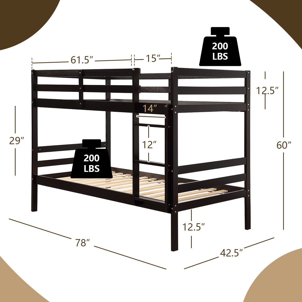 Twin Bunk Bed Children Wooden Bunk Beds Solid Hardwood, Brown Bunk Bed Frame at Gallery Canada
