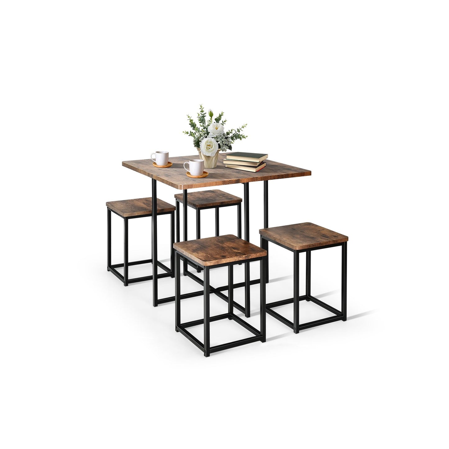 5 Pieces Metal Frame Dining Set with Compact Dining Table and 4 Stools , Walnut - Gallery Canada
