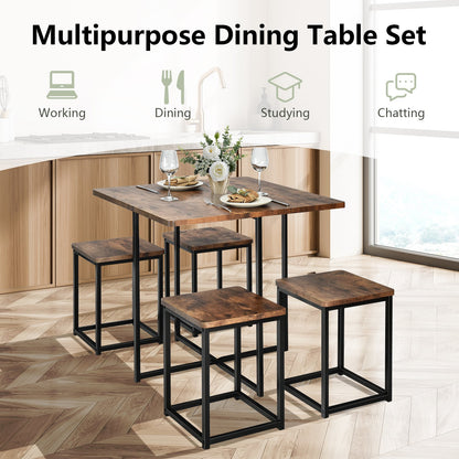 5 Pieces Metal Frame Dining Set with Compact Dining Table and 4 Stools , Walnut - Gallery Canada