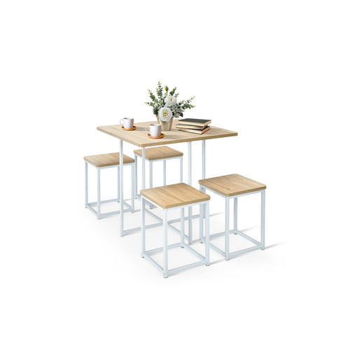 5 Pieces Metal Frame Dining Set with Compact Dining Table and 4 Stools, Natural