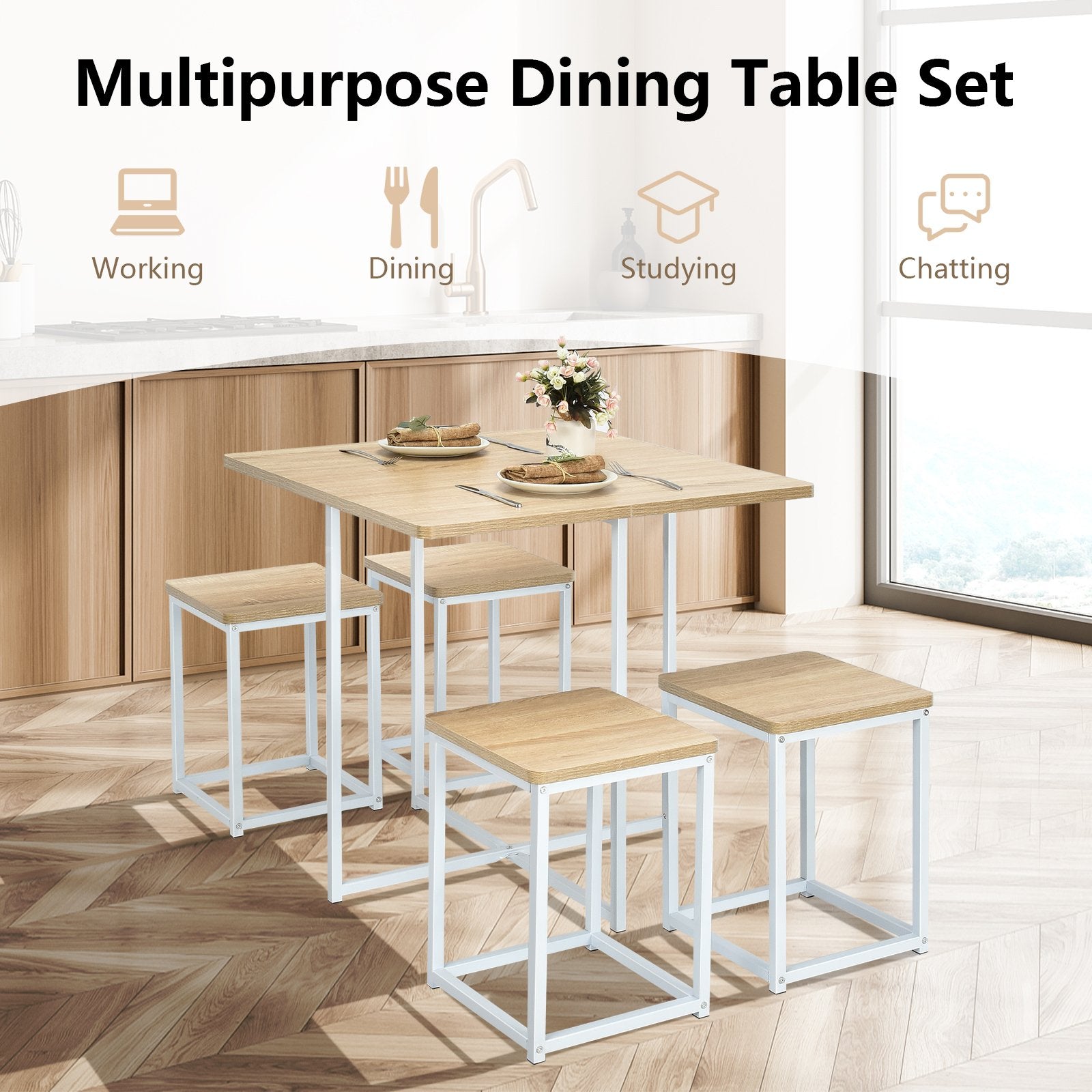 5 Pieces Metal Frame Dining Set with Compact Dining Table and 4 Stools, Natural - Gallery Canada