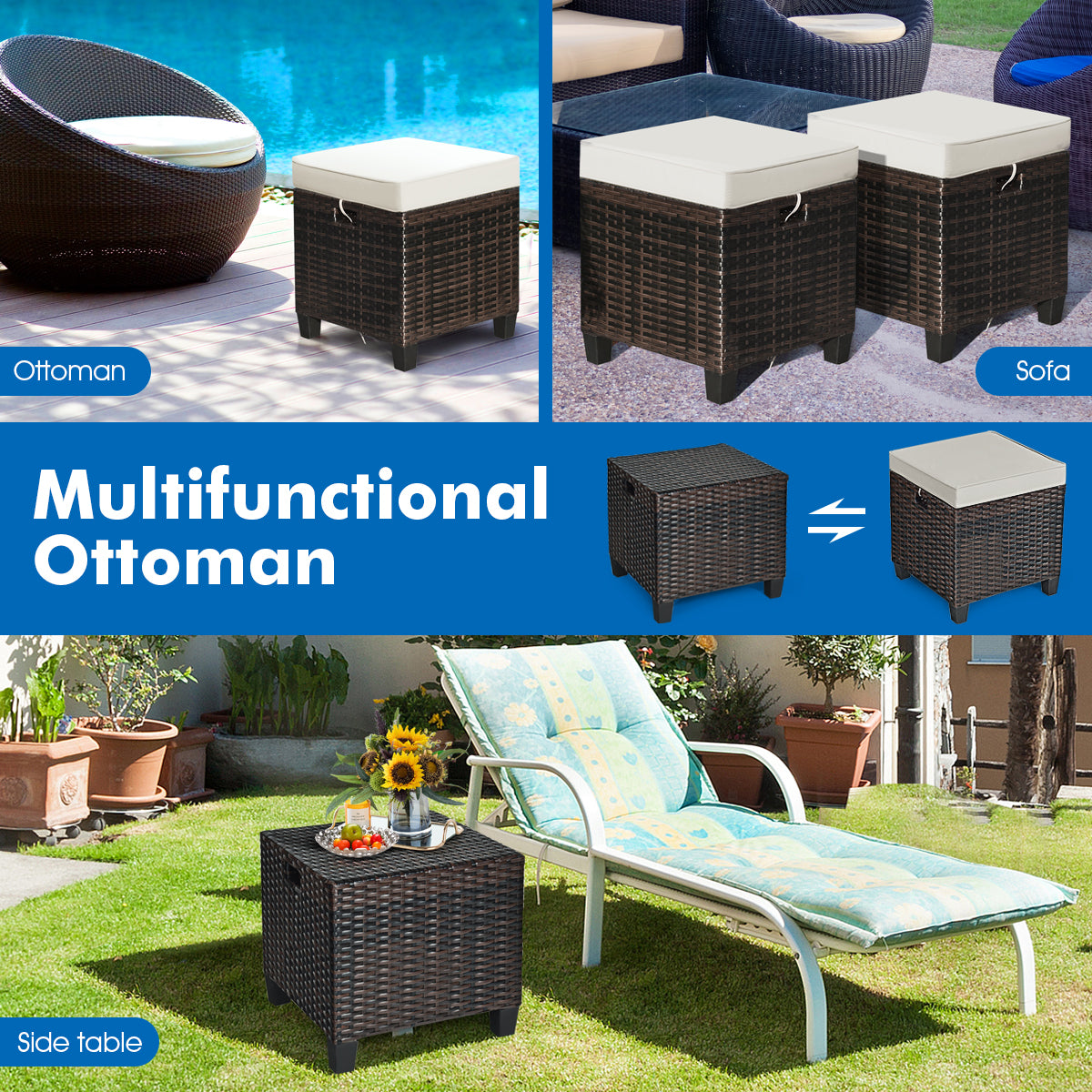 2 Pcs Patio Rattan Ottoman Cushioned Seat Foot Rest, Beige Outdoor Seating & Patio Chairs at Gallery Canada