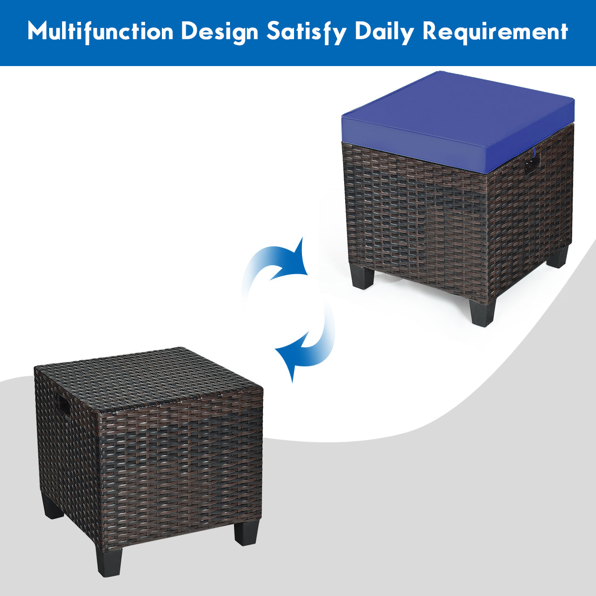 2 Pieces Patio Rattan Ottoman Set with Removable Cushions, Navy Outdoor Seating & Patio Chairs at Gallery Canada