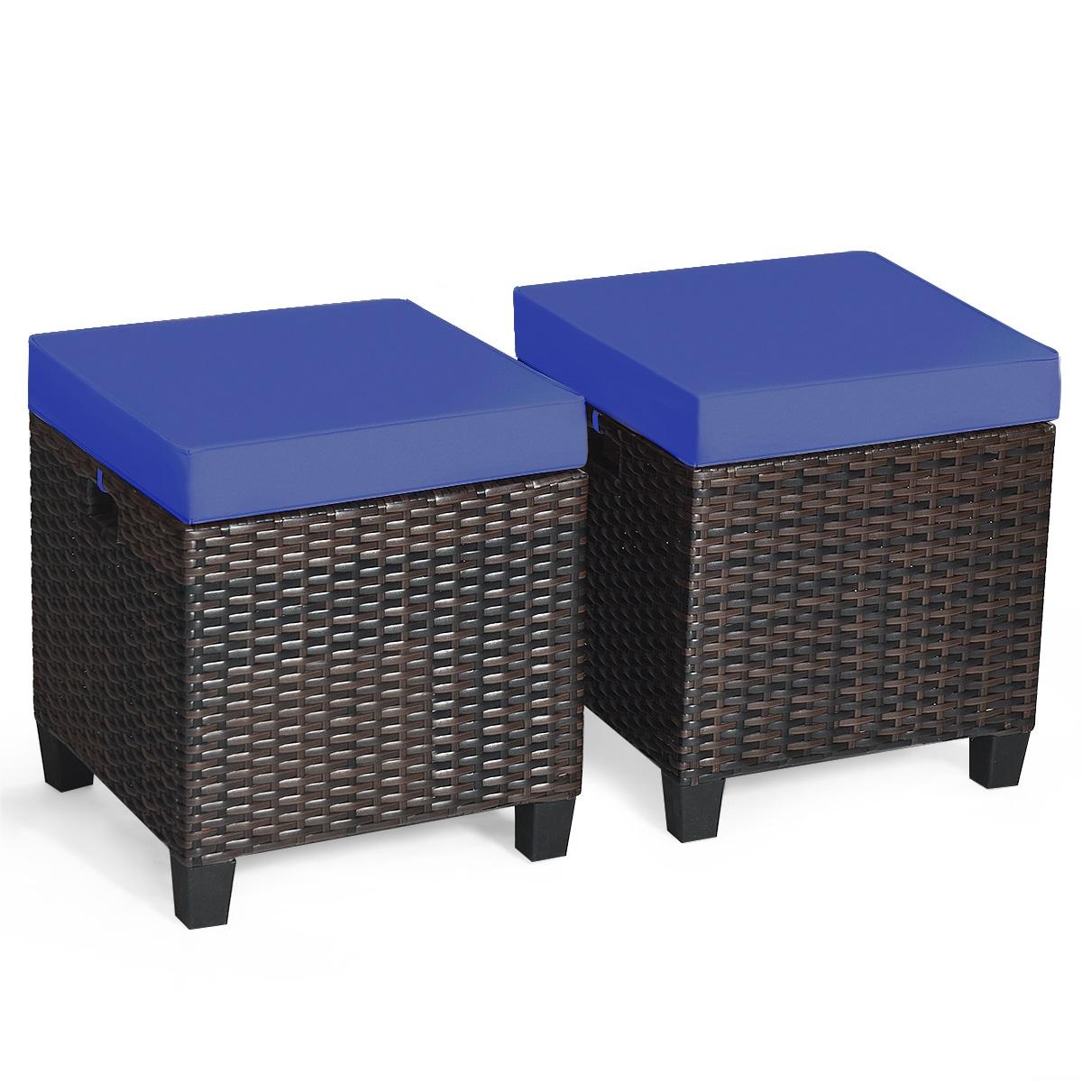 2 Pieces Patio Rattan Ottoman Set with Removable Cushions, Navy Outdoor Seating & Patio Chairs at Gallery Canada