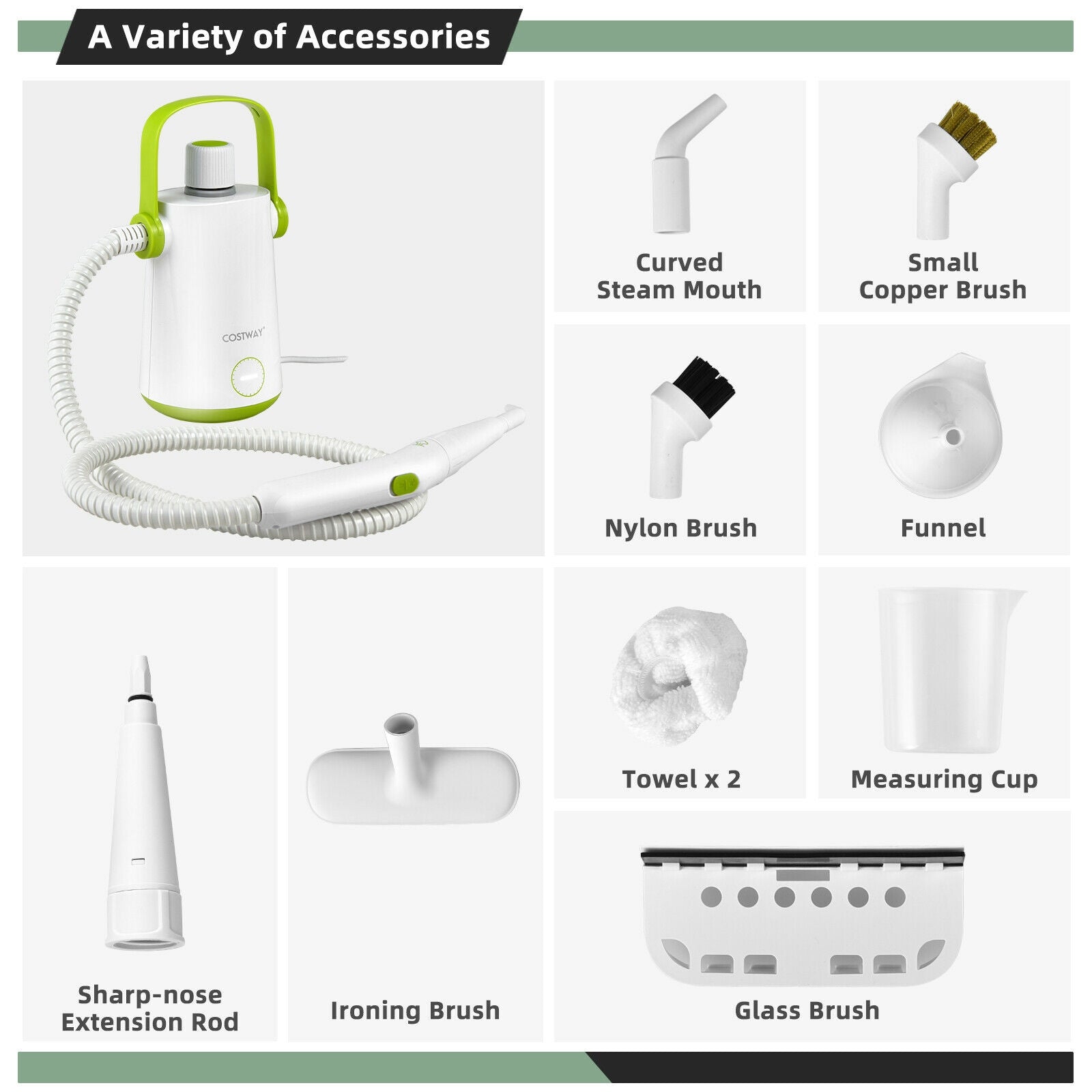 1000W Multifunction Portable Hand-held Steam Cleaner with 10 Accessories, Green Vacuums & Cleaners at Gallery Canada