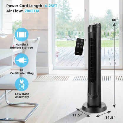 40 Inch Tower Fan with Remote 75˚ Oscillating Fan with 3 Wind Modes and 4 Wind Speeds, Black
