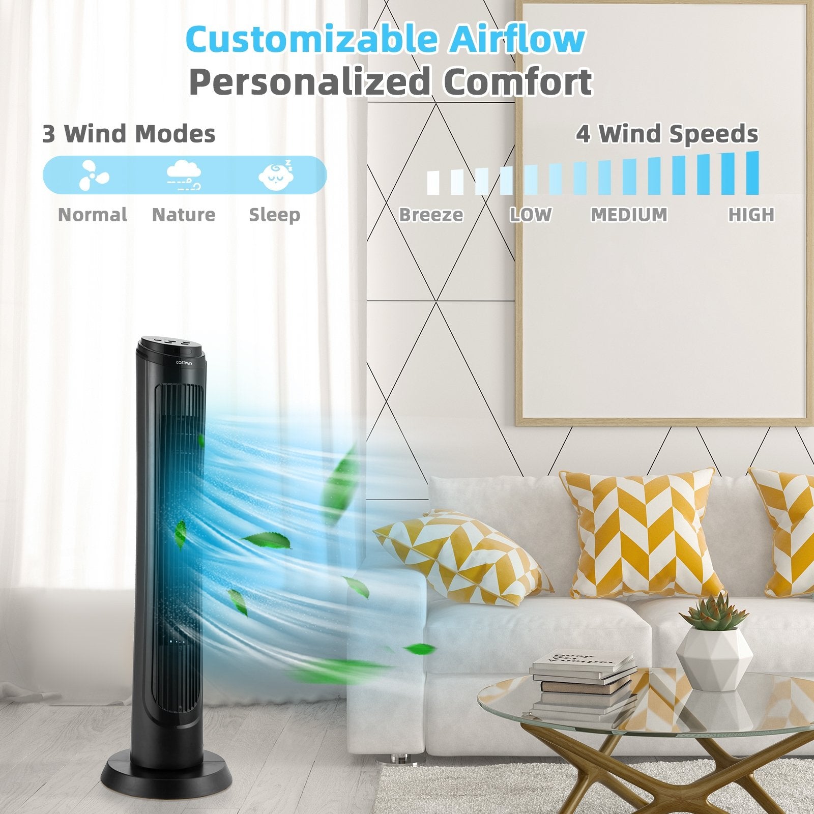 40 Inch Tower Fan with Remote 75˚ Oscillating Fan with 3 Wind Modes and 4 Wind Speeds, Black at Gallery Canada