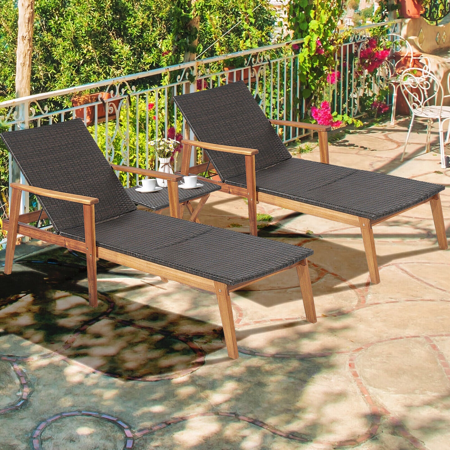 Patio Chaise Lounge and Table Set with 4-Level Adjustable Backrest, Brown Outdoor Chaise Lounges at Gallery Canada