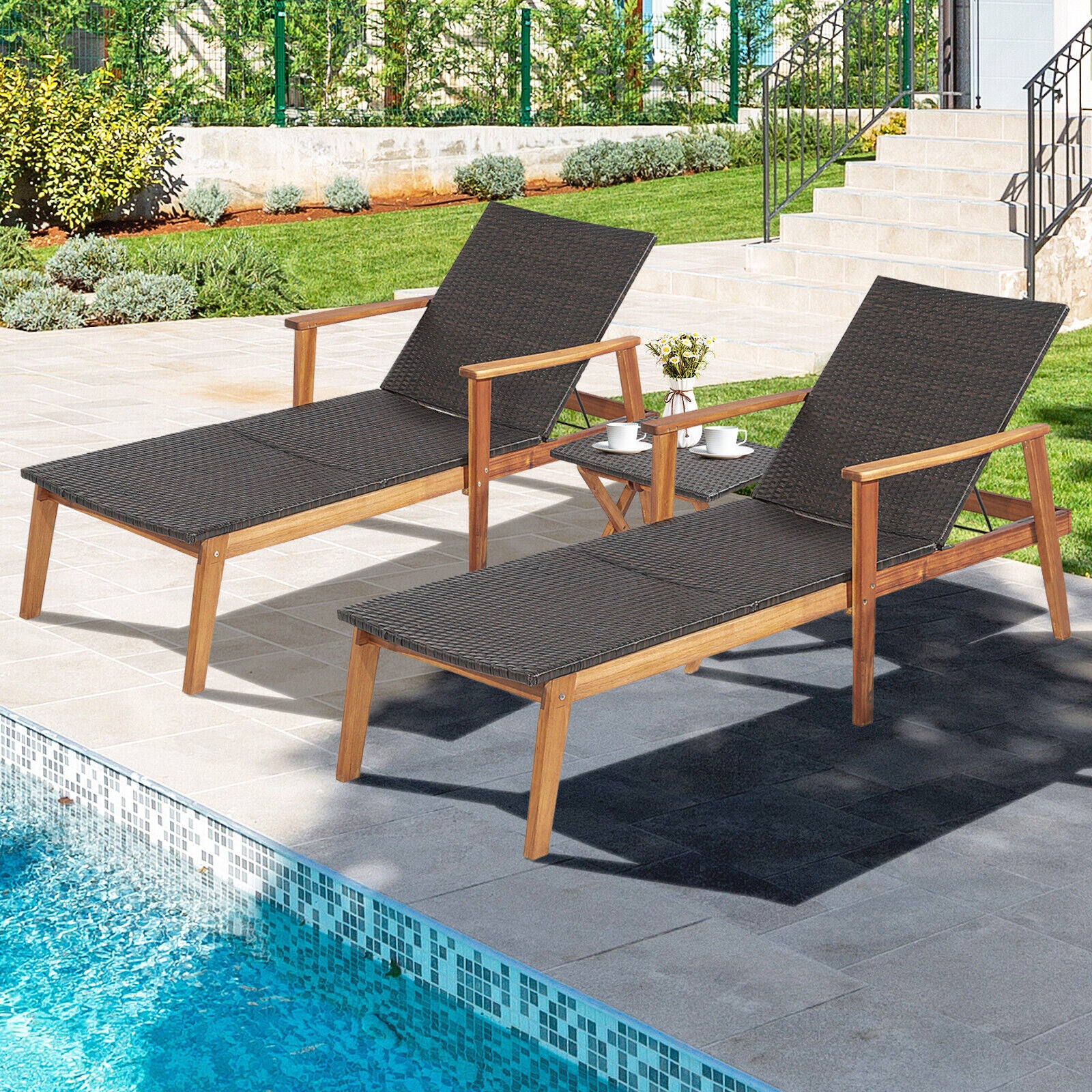 Patio Chaise Lounge and Table Set with 4-Level Adjustable Backrest, Brown Outdoor Chaise Lounges at Gallery Canada