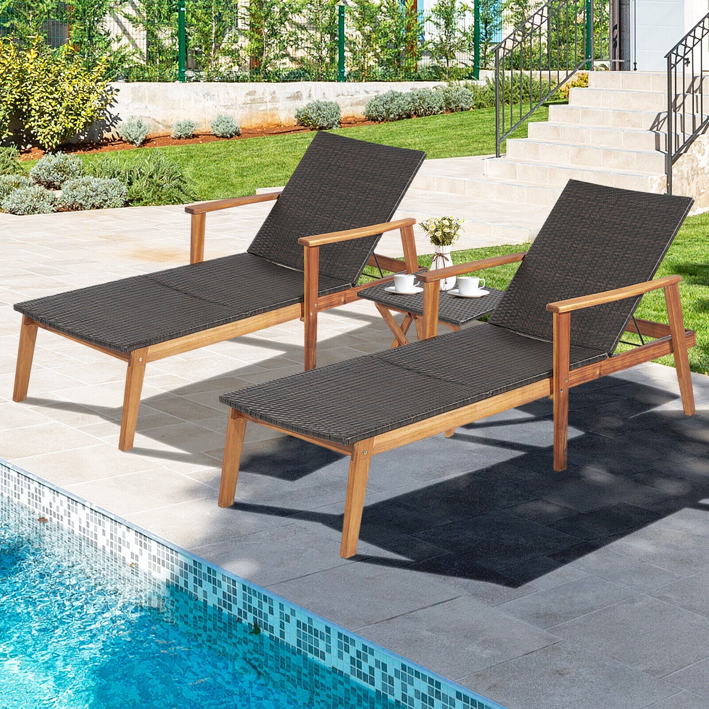Patio Chaise Lounge and Table Set with 4-Level Adjustable Backrest, Brown Outdoor Chaise Lounges at Gallery Canada