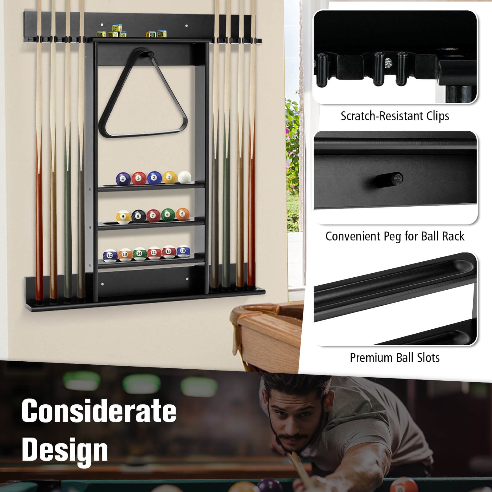Wall-mounted Billiards Pool Cue Rack Only, Black Game Room at Gallery Canada
