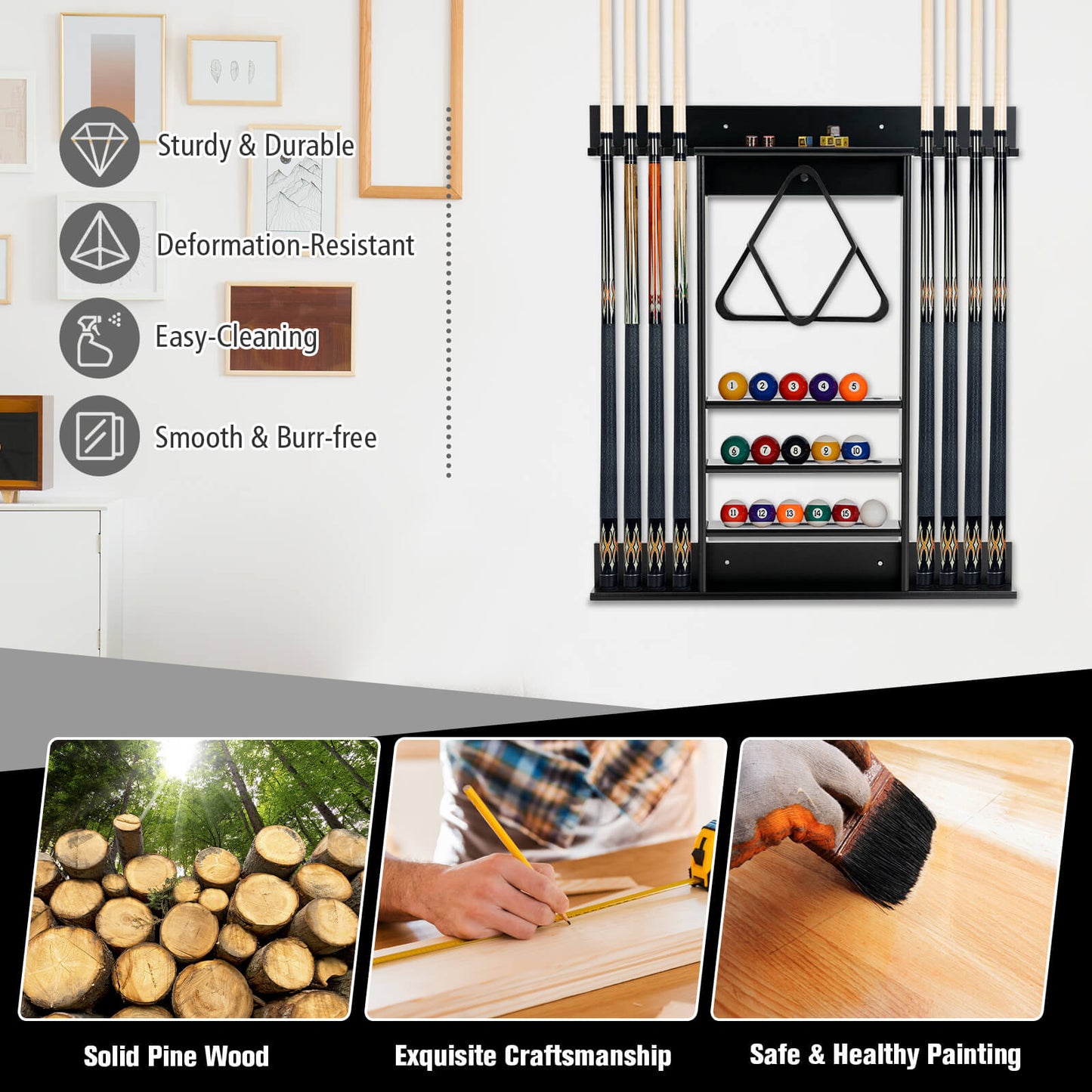 Wall-mounted Billiards Pool Cue Rack Only, Black Game Room at Gallery Canada