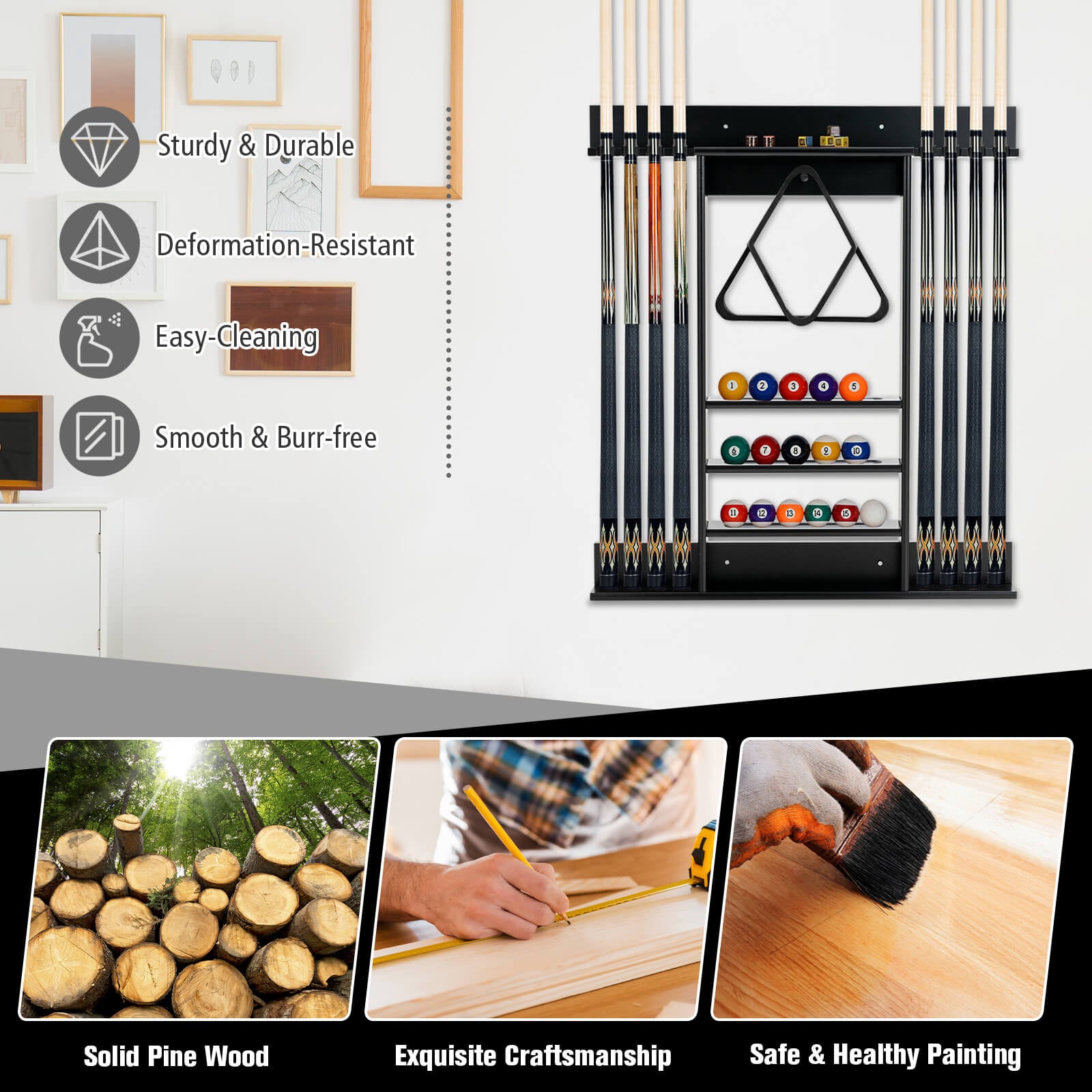 Wall-mounted Billiards Pool Cue Rack Only, Black Game Room at Gallery Canada