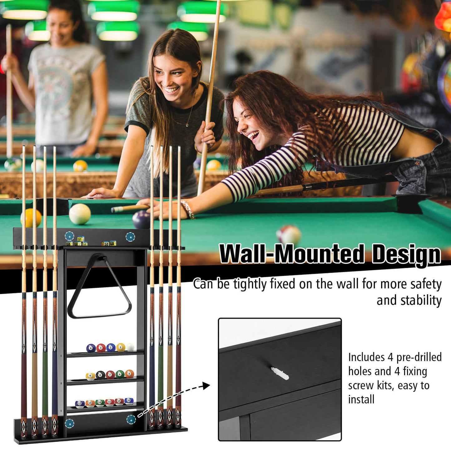 Wall-mounted Billiards Pool Cue Rack Only, Black Game Room at Gallery Canada