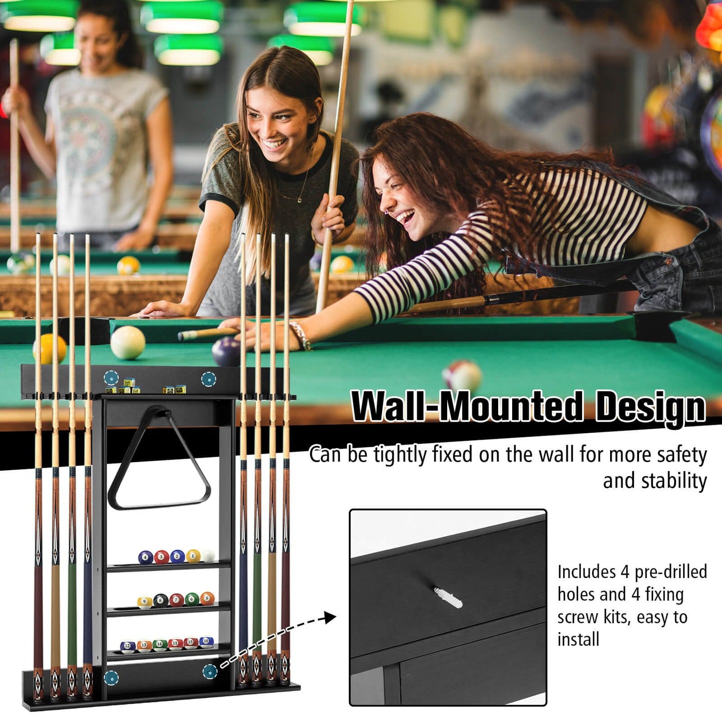 Wall-mounted Billiards Pool Cue Rack Only, Black