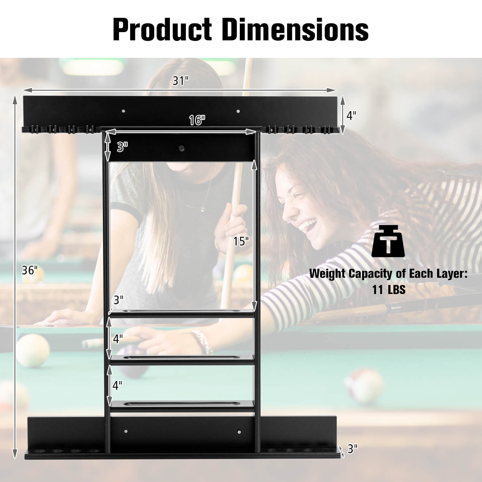 Wall-mounted Billiards Pool Cue Rack Only, Black Game Room at Gallery Canada