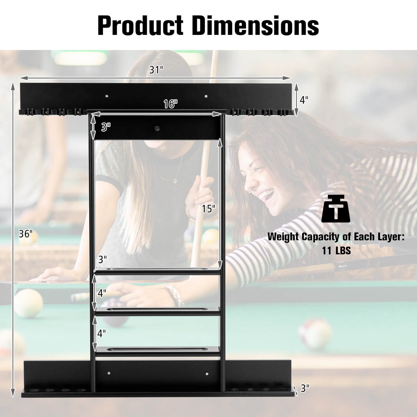 Wall-mounted Billiards Pool Cue Rack Only, Black Game Room at Gallery Canada