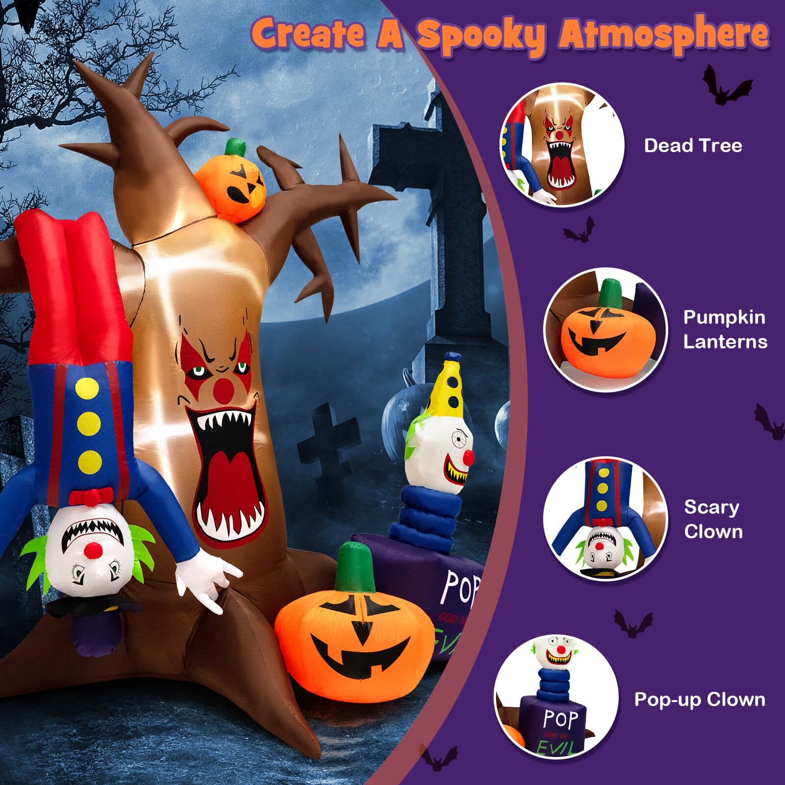 8 Feet Halloween Inflatable Tree Giant Blow-up Spooky Dead Tree with Pop-up Clowns, Brown - Gallery Canada