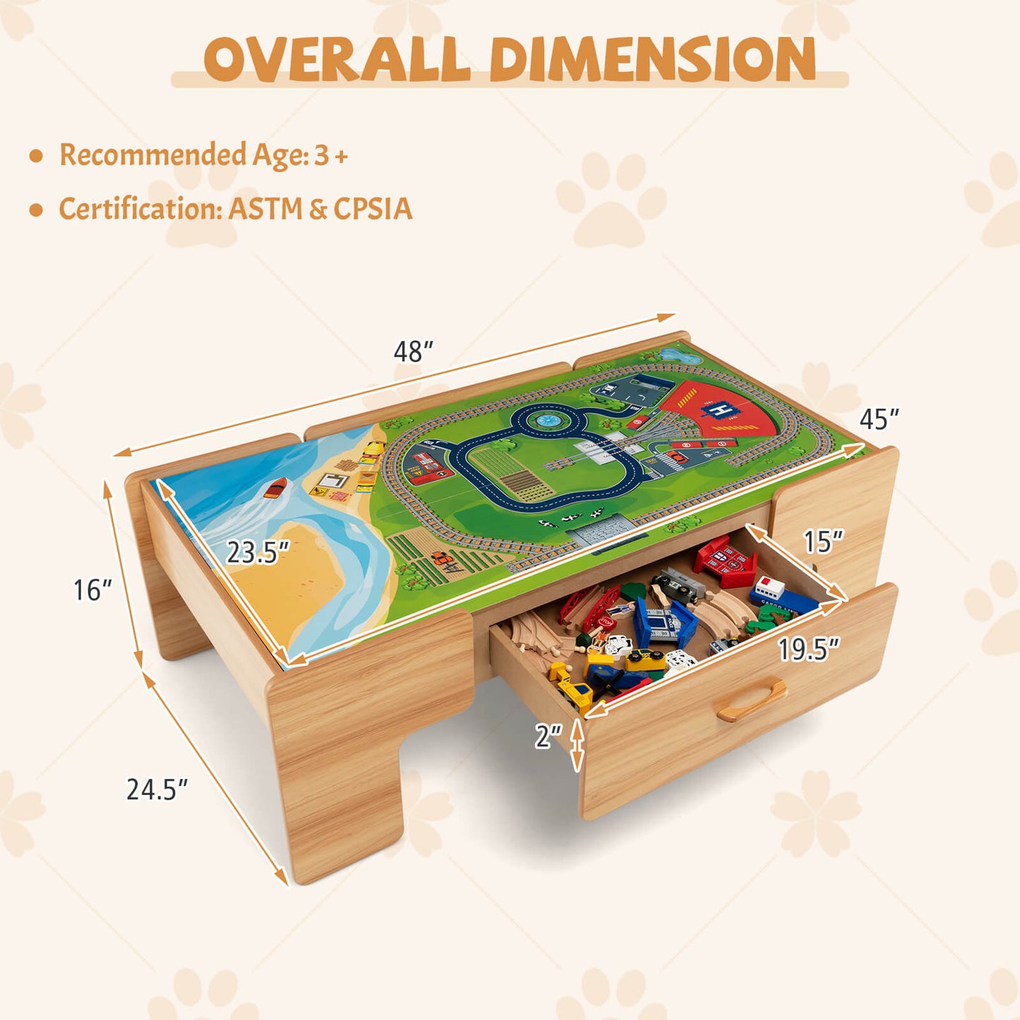 Kids Double-Sided Wooden Train Table Playset with Storage Drawer, Natural Learning Toys at Gallery Canada