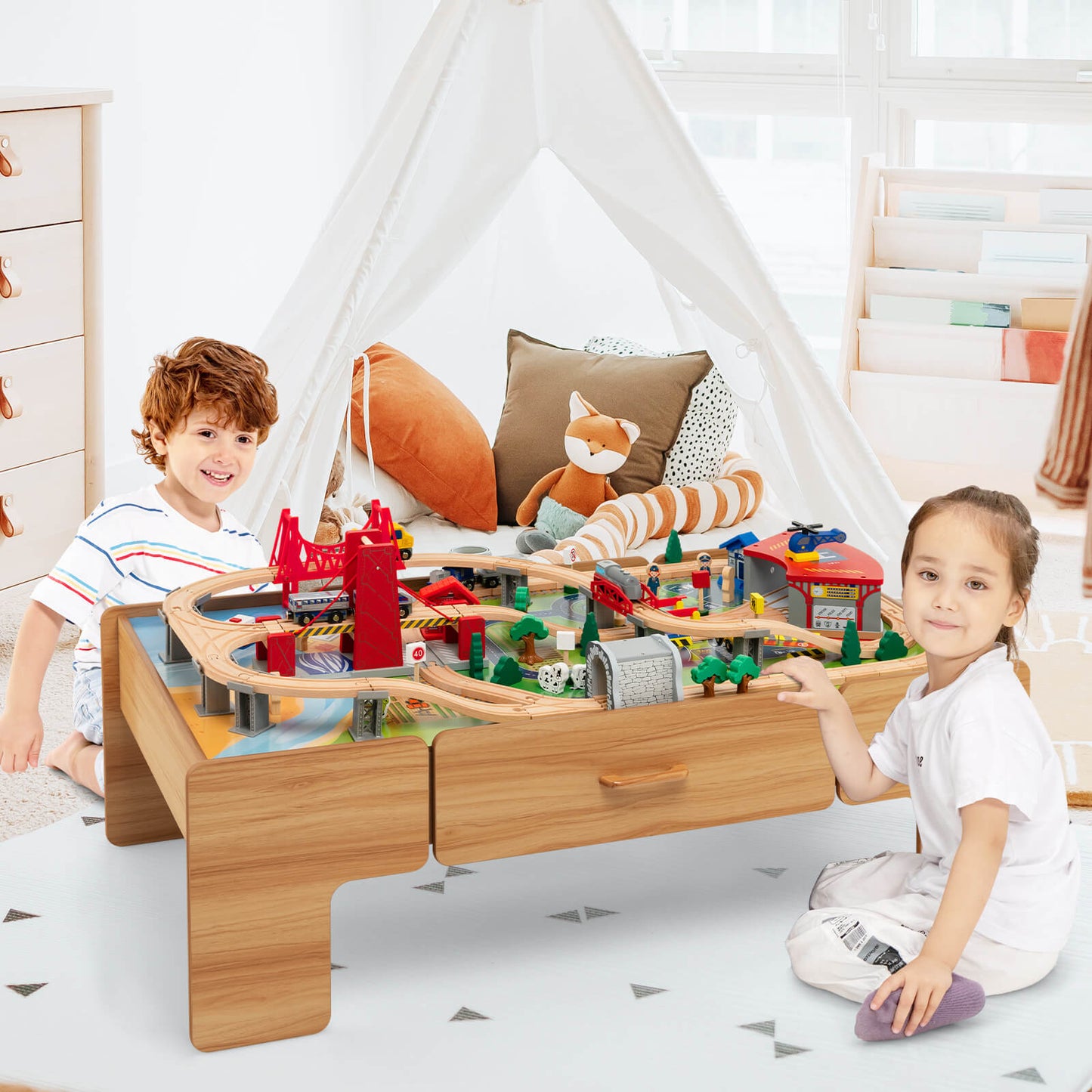 Kids Double-Sided Wooden Train Table Playset with Storage Drawer, Natural Learning Toys at Gallery Canada
