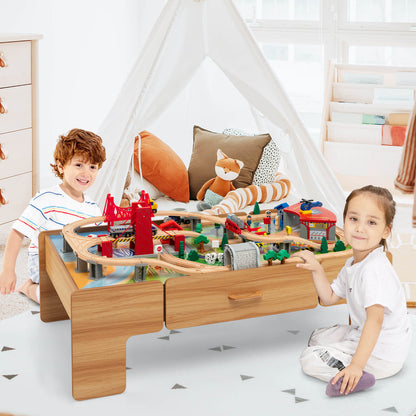 Kids Double-Sided Wooden Train Table Playset with Storage Drawer, Natural Learning Toys at Gallery Canada