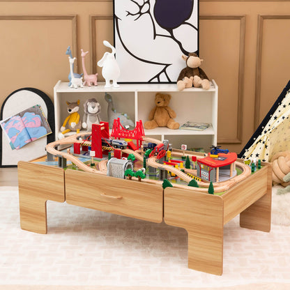 Kids Double-Sided Wooden Train Table Playset with Storage Drawer, Natural