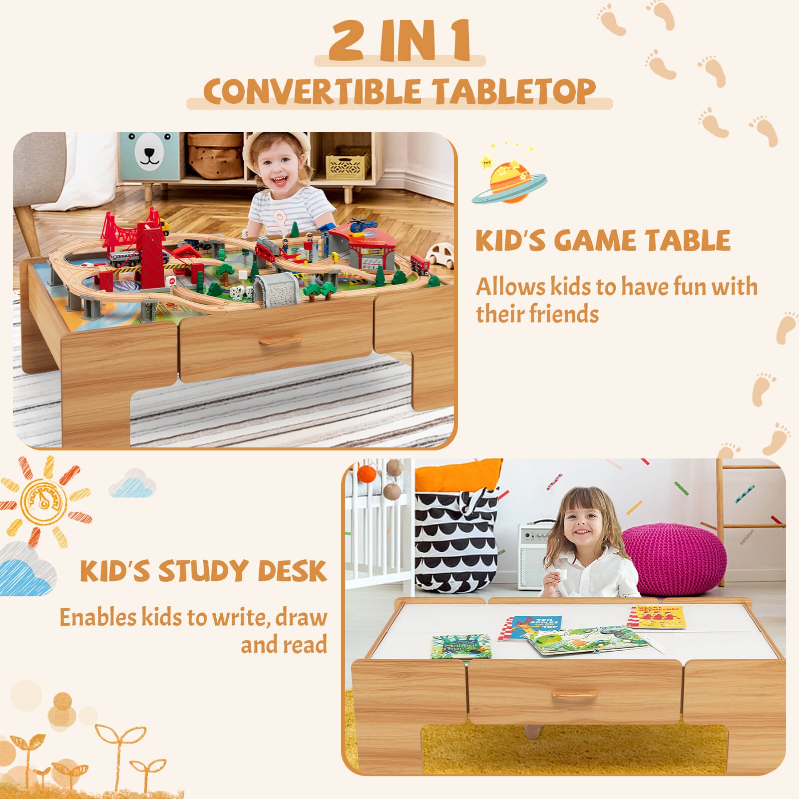 Kids Double-Sided Wooden Train Table Playset with Storage Drawer, Natural Learning Toys at Gallery Canada