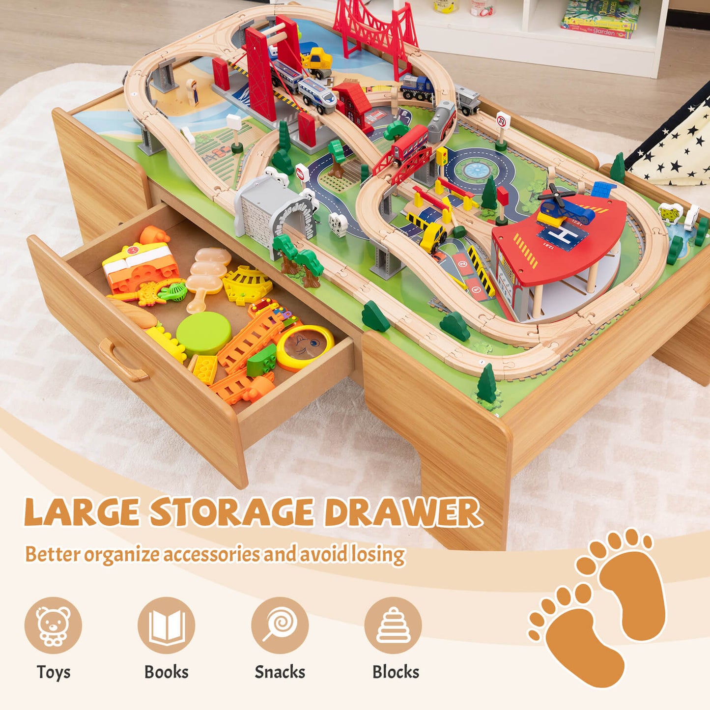 Kids Double-Sided Wooden Train Table Playset with Storage Drawer, Natural Learning Toys at Gallery Canada