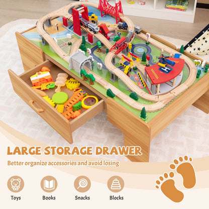 Kids Double-Sided Wooden Train Table Playset with Storage Drawer, Natural