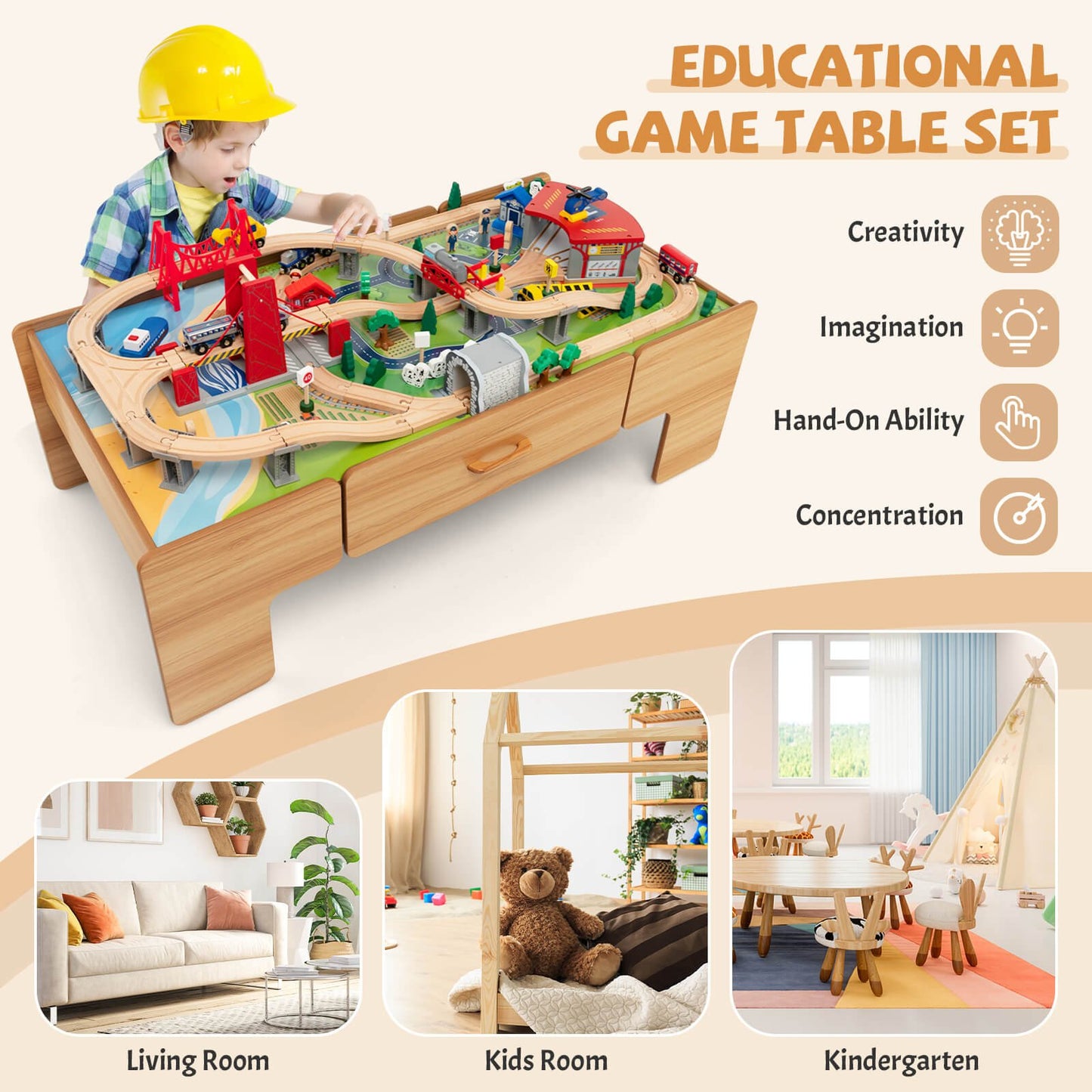 Kids Double-Sided Wooden Train Table Playset with Storage Drawer, Natural - Gallery Canada