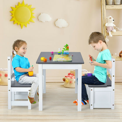 4 Pieces Kids Wooden Activity Table and Chairs Set with Storage Bench and Study Desk, Gray - Gallery Canada
