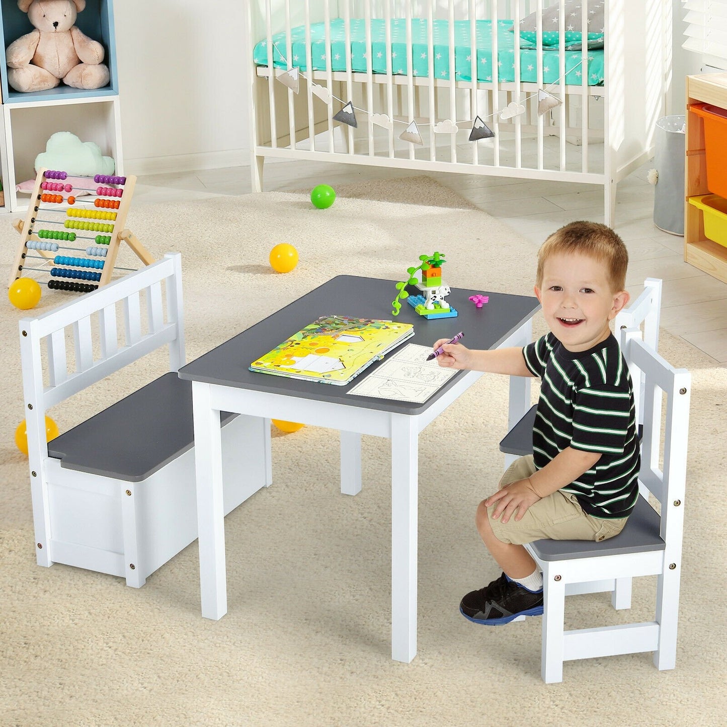4 Pieces Kids Wooden Activity Table and Chairs Set with Storage Bench and Study Desk, Gray - Gallery Canada