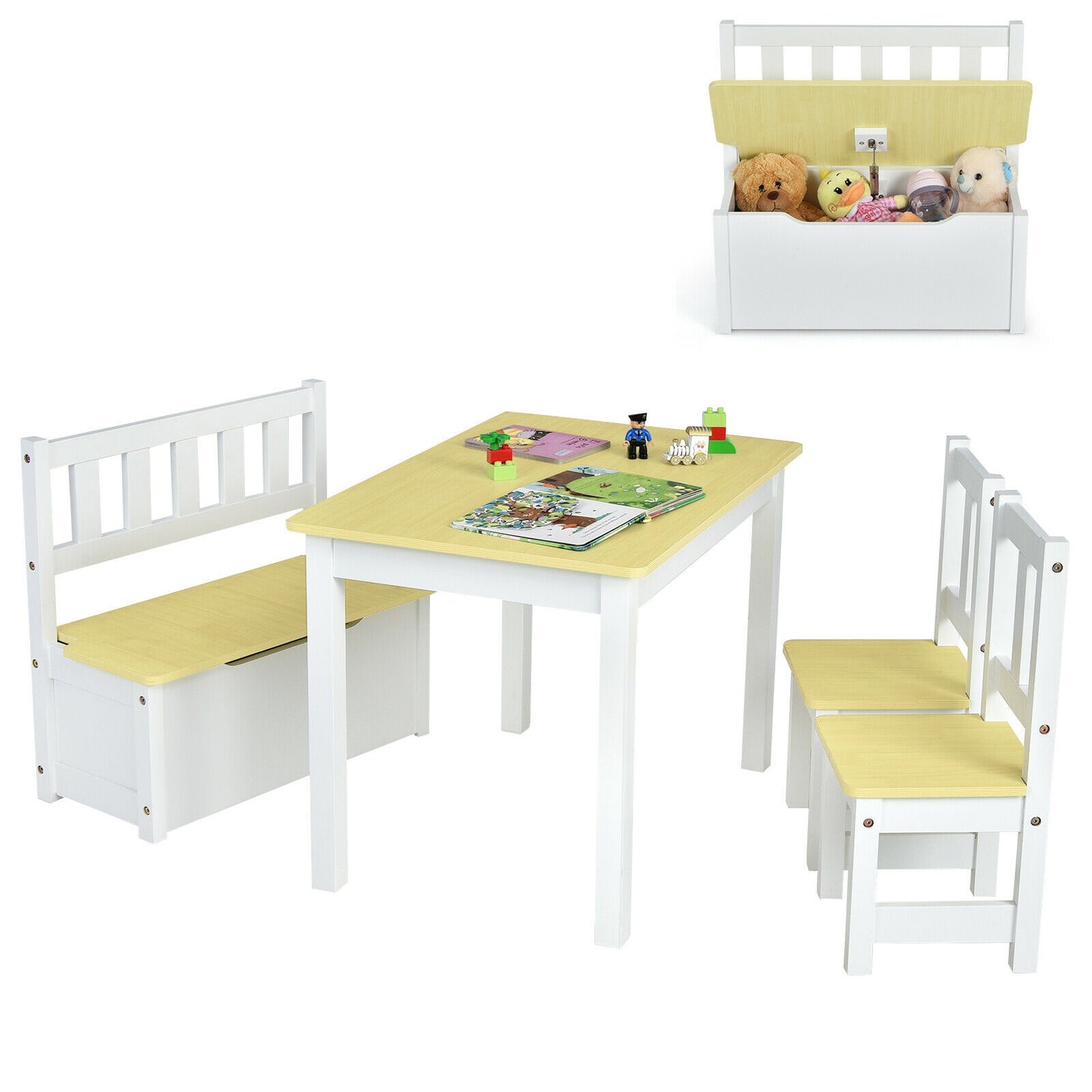 4 Pieces Kids Wooden Activity Table and Chairs Set with Storage Bench and Study Desk, Natural Kids Table & Chair Sets at Gallery Canada