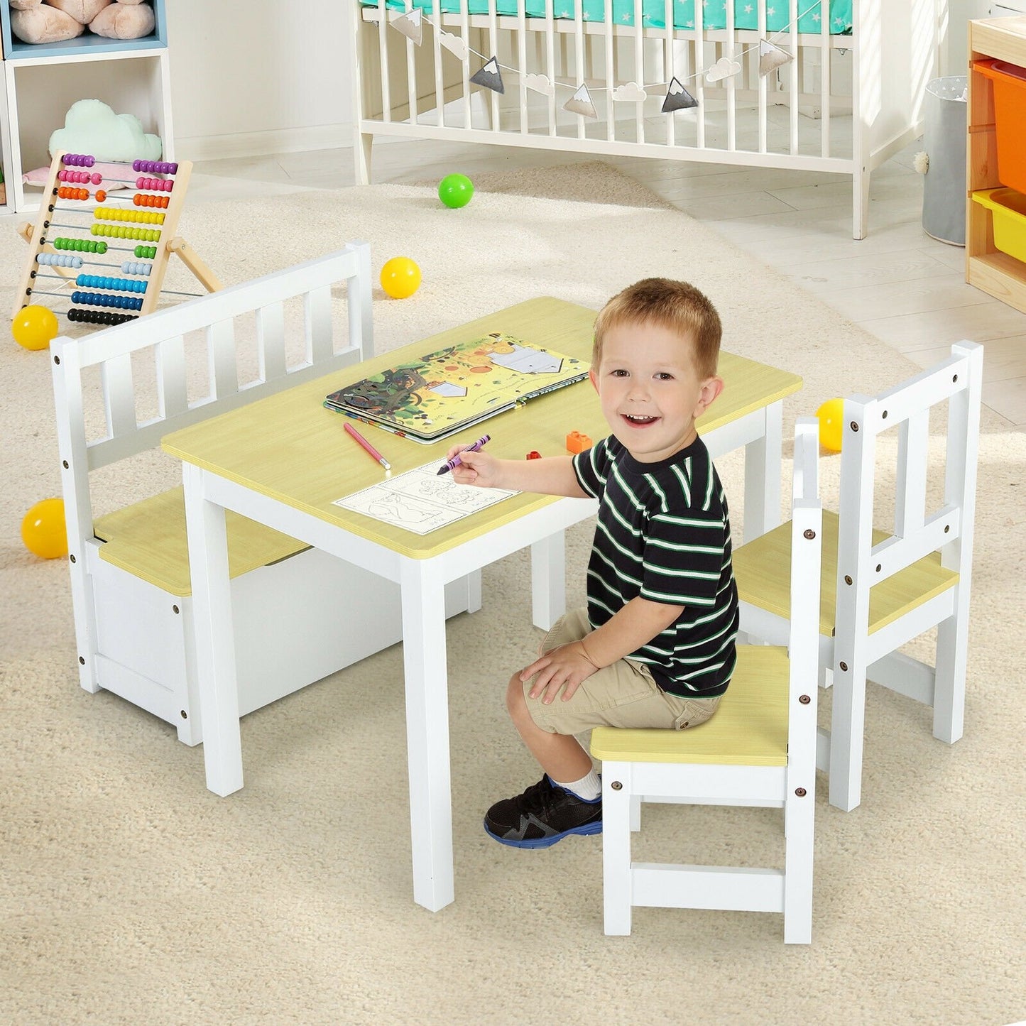 4 Pieces Kids Wooden Activity Table and Chairs Set with Storage Bench and Study Desk, Natural - Gallery Canada