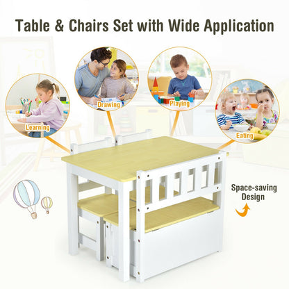 4 Pieces Kids Wooden Activity Table and Chairs Set with Storage Bench and Study Desk, Natural - Gallery Canada