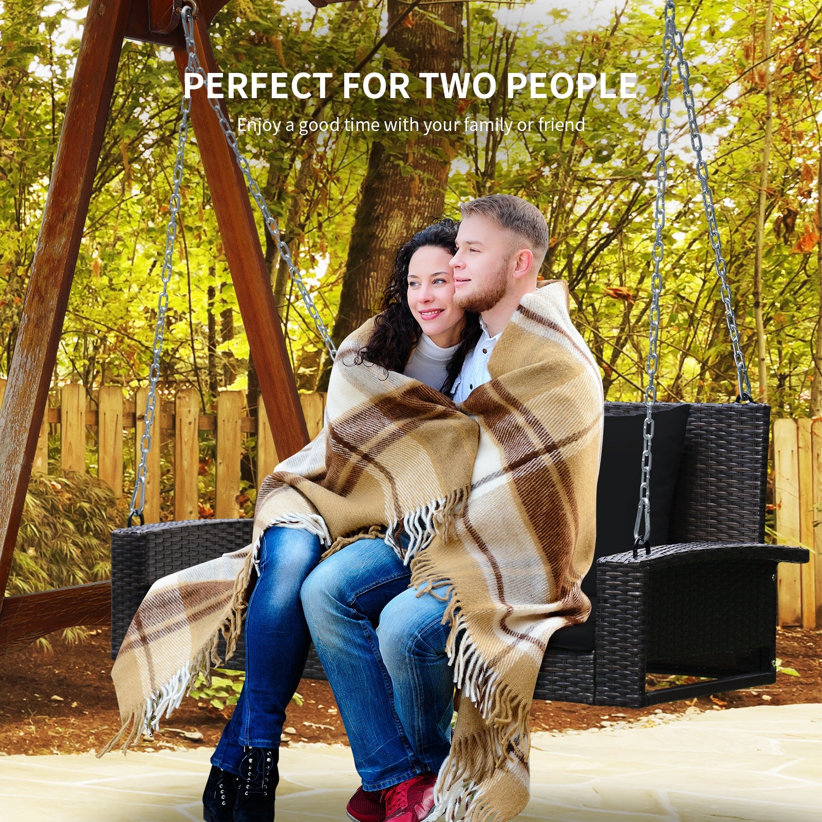 2-Person Patio Rattan Porch Swing with Cushions, Black Porch Swings at Gallery Canada