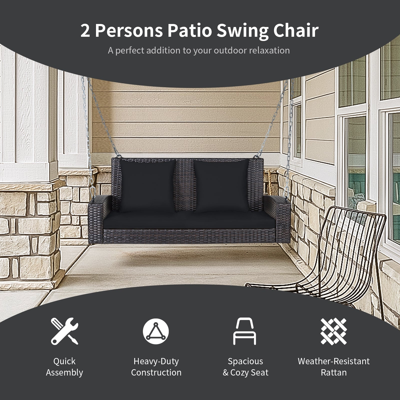 2-Person Patio Rattan Porch Swing with Cushions, Black Porch Swings at Gallery Canada