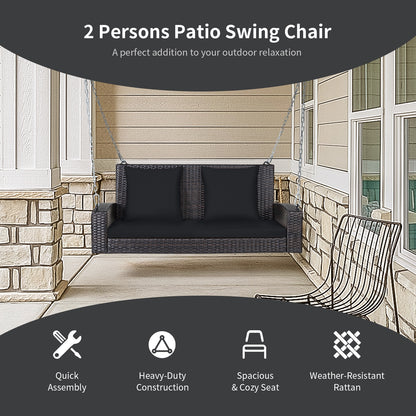 2-Person Patio Rattan Porch Swing with Cushions, Black Porch Swings at Gallery Canada