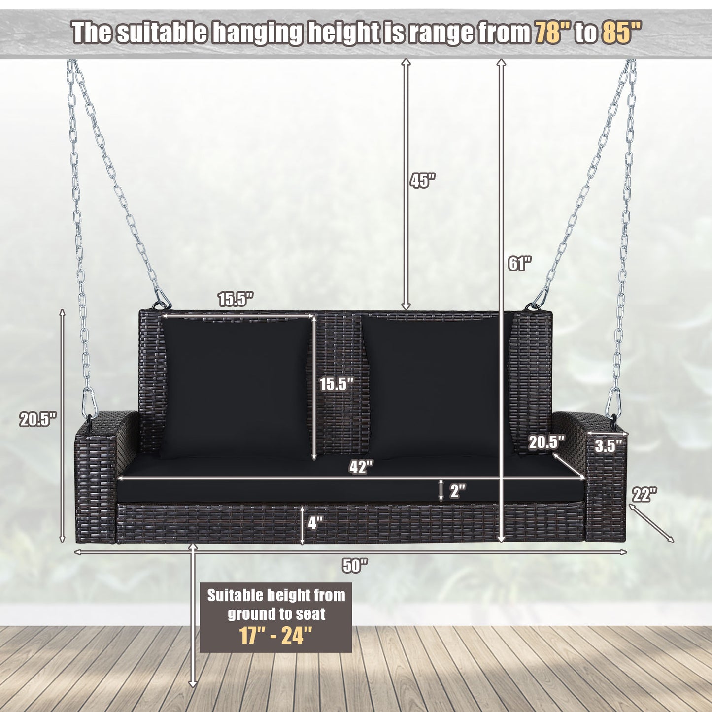 2-Person Patio Rattan Porch Swing with Cushions, Black Porch Swings at Gallery Canada