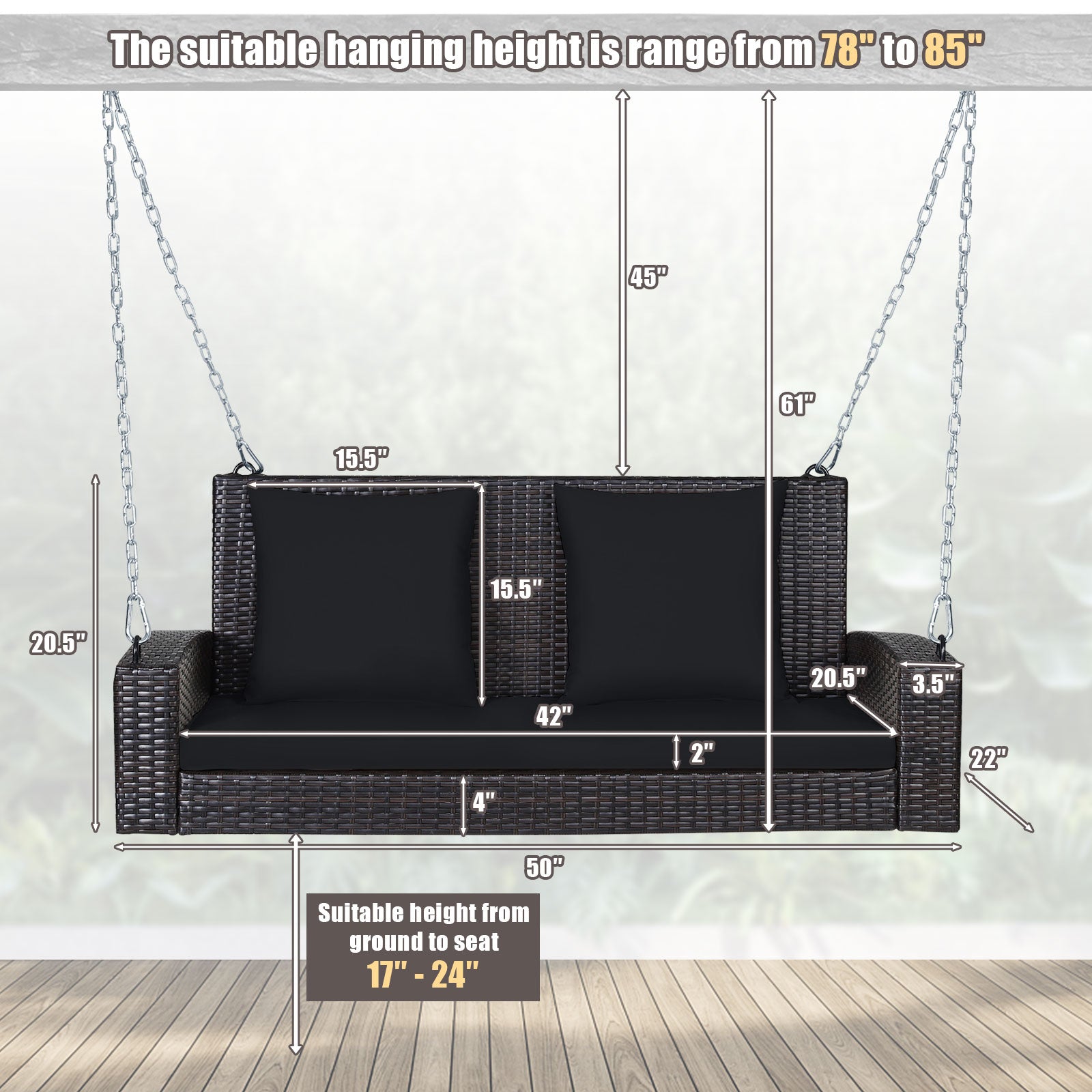 2-Person Patio Rattan Porch Swing with Cushions, Black Porch Swings at Gallery Canada