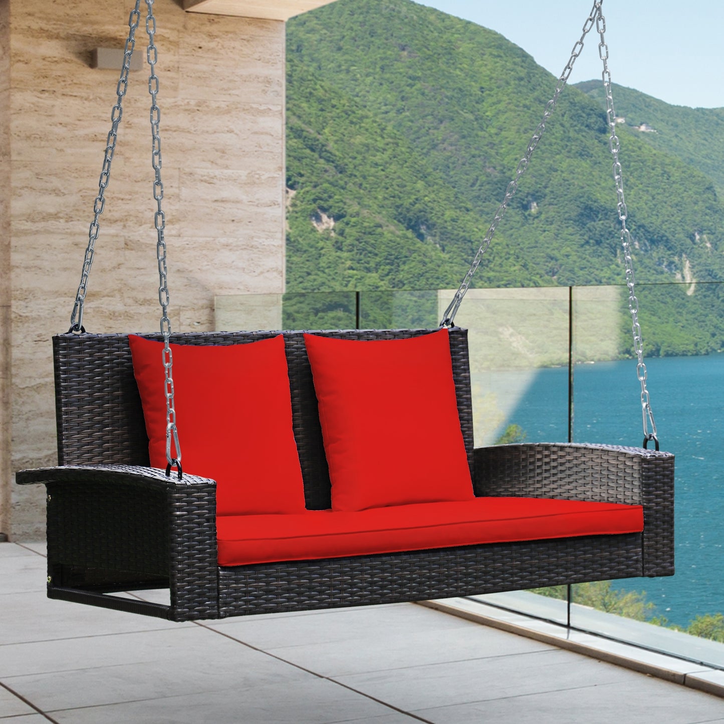 2-Person Patio Rattan Porch Swing with Cushions, Red Porch Swings at Gallery Canada
