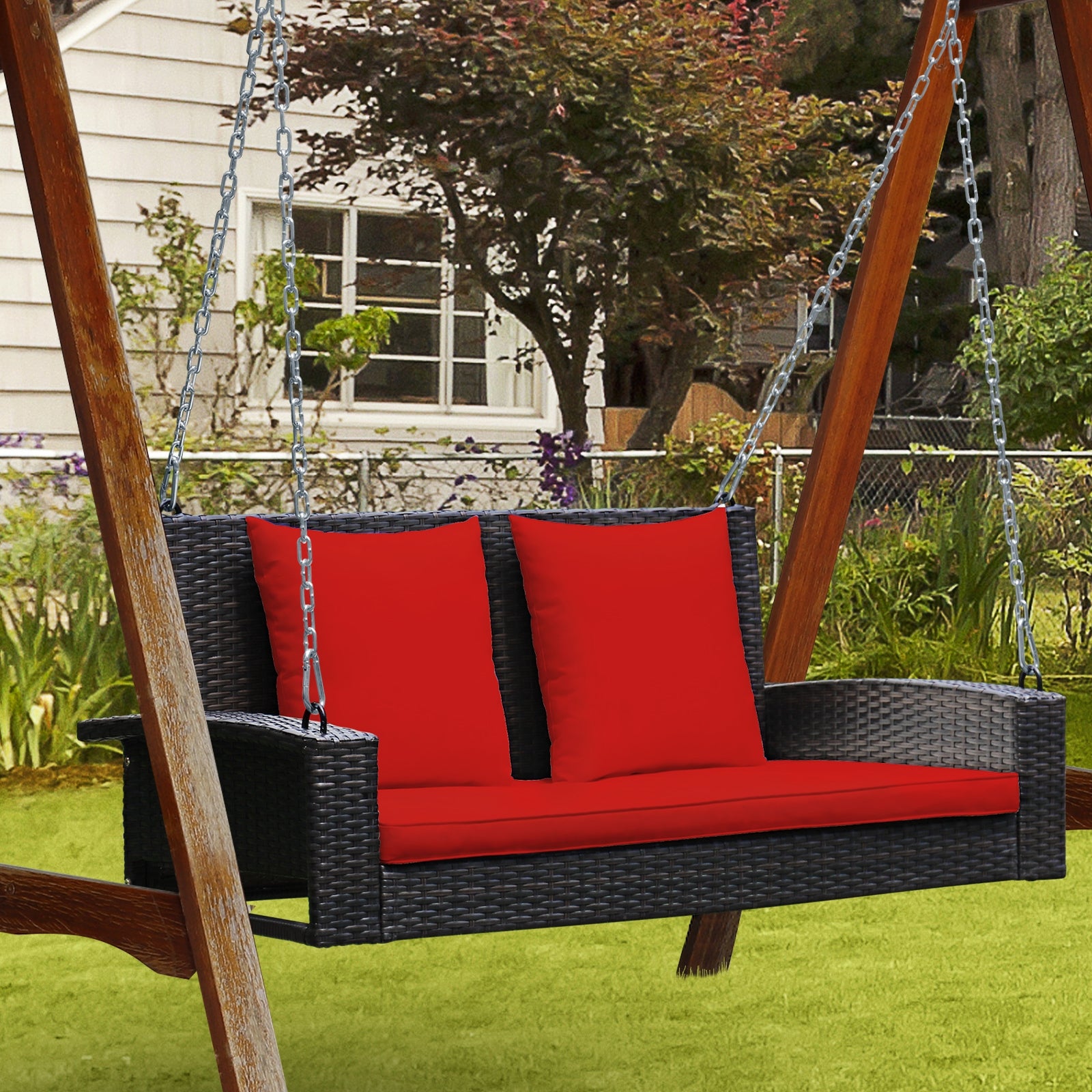 2-Person Patio Rattan Porch Swing with Cushions, Red Porch Swings at Gallery Canada