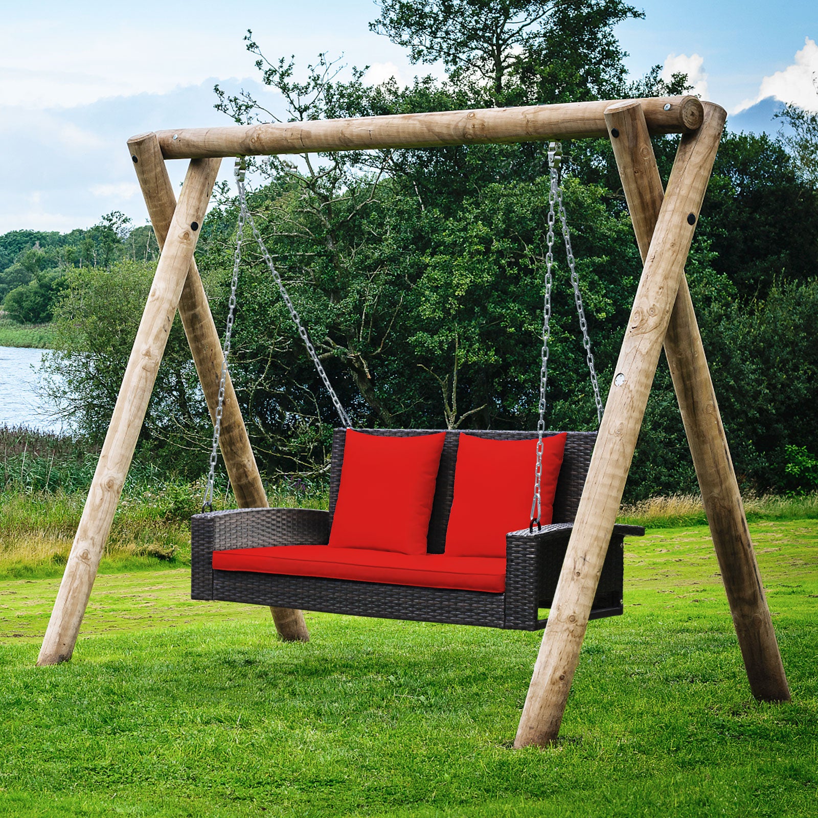 2-Person Patio Rattan Swing With Cushions, Red Porch Swings at Gallery Canada