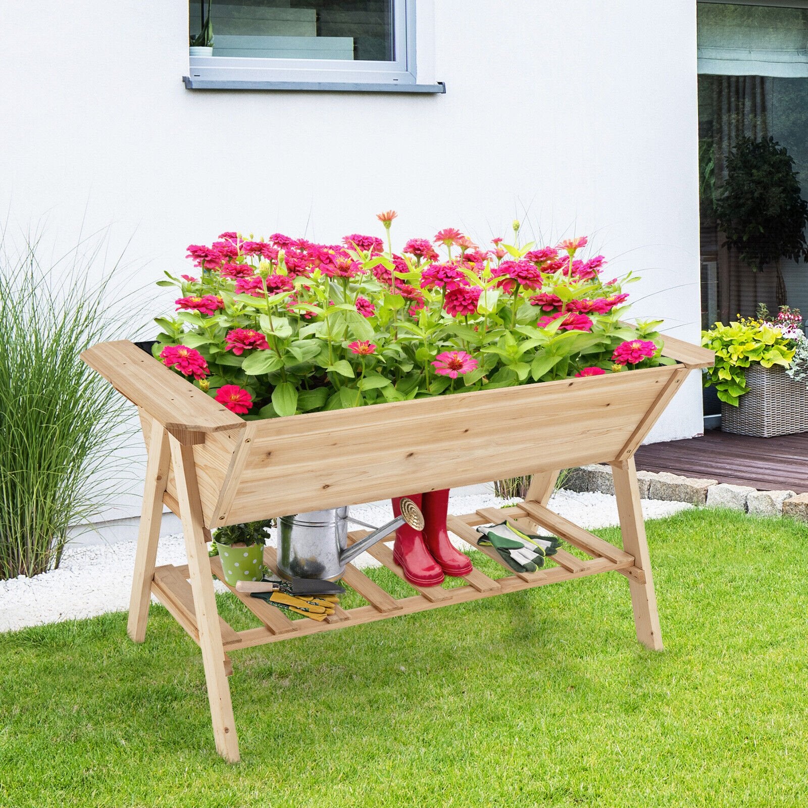 Raised Wood Garden Bed with Shelf and Liner, Natural - Gallery Canada