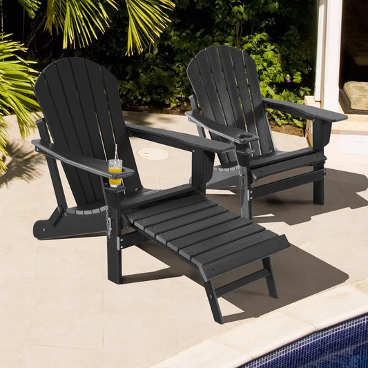 Patio All-Weather Folding Adirondack Chair with Pull-Out Ottoman, Black - Gallery Canada