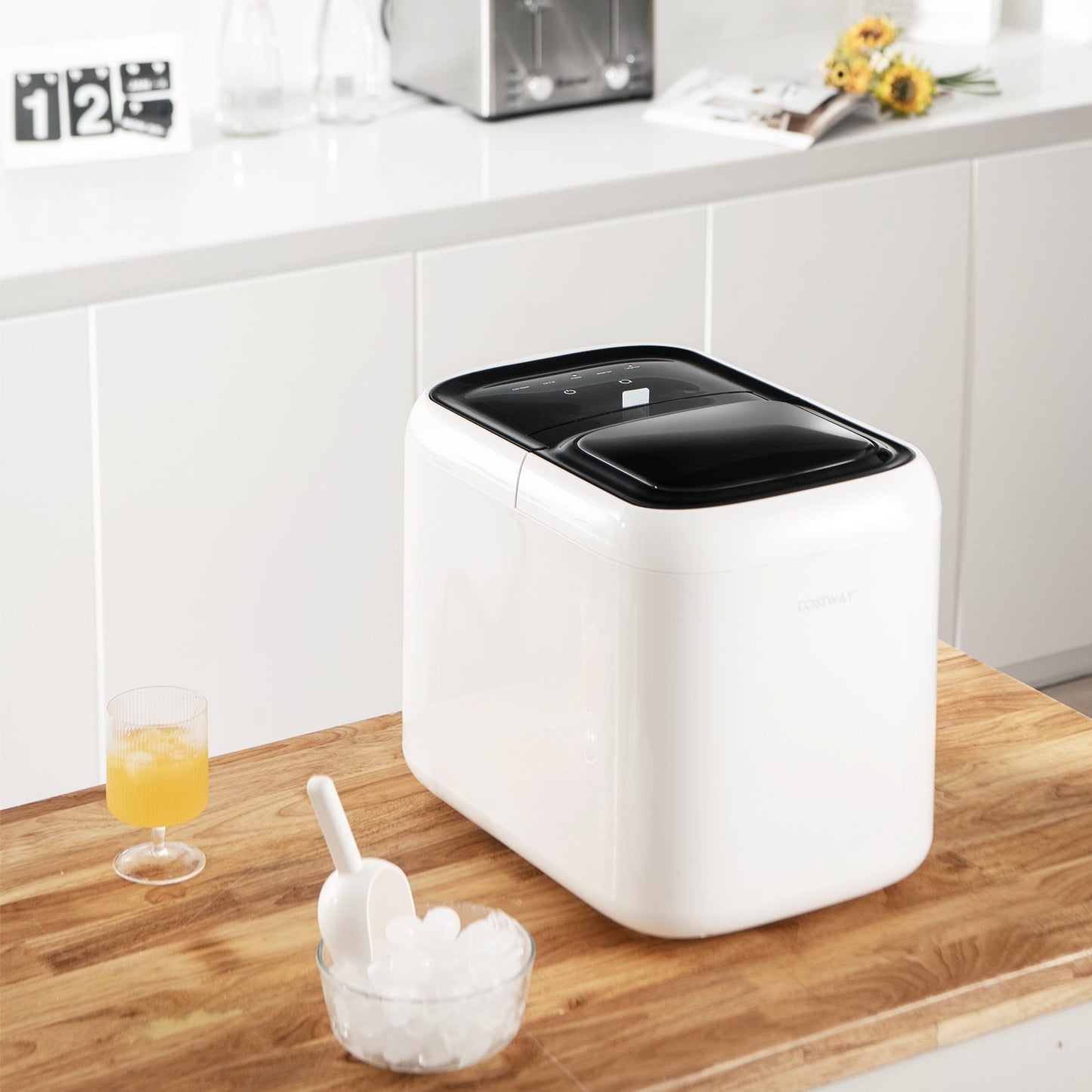 Portable Self-Clean Countertop Ice Maker with Ice Basket and Scoop, White