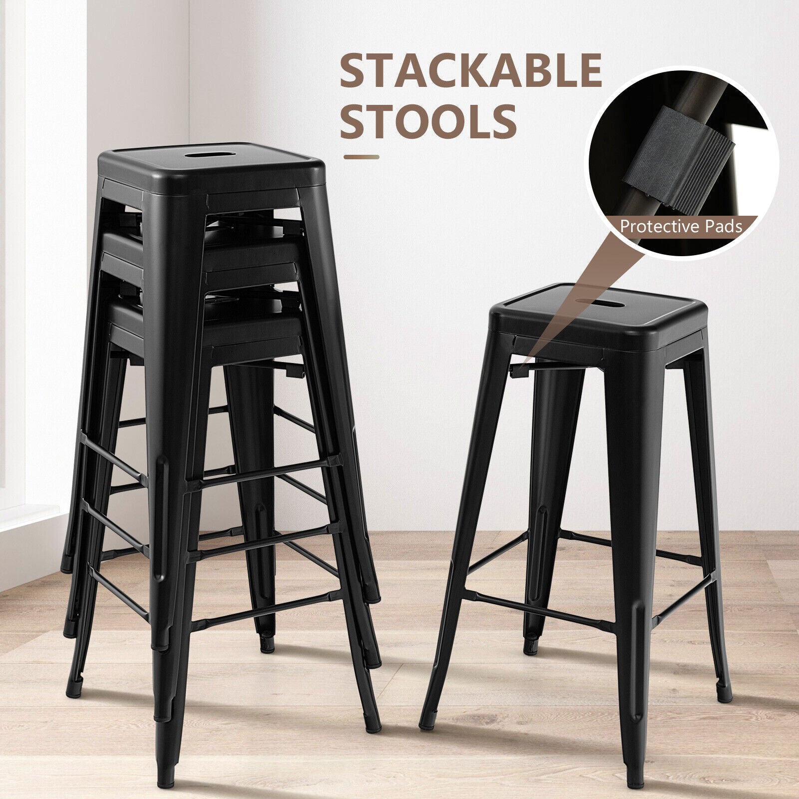 30 Inch Bar Stools Set of 4 with Square Seat and Handling Hole, Black Bar Stools at Gallery Canada