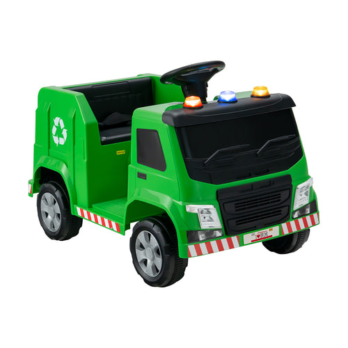 12V Kids Ride-On Garbage Truck, With Warning Lights And 6 Recycling Accessories, Green